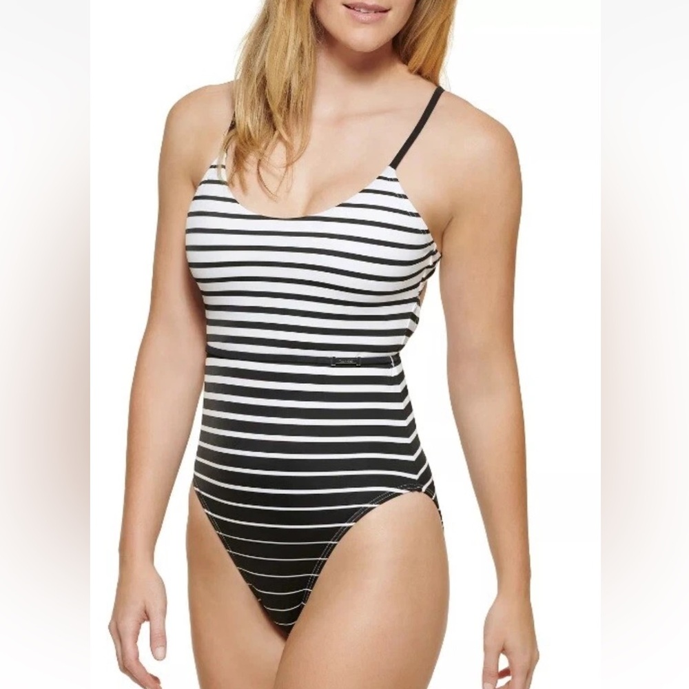 Calvin Klein Black and White Striped One Piece Swimsuit